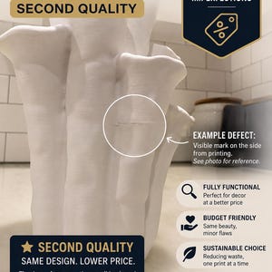 Informational graphic for the coral vase, showing a matte white textured vase beside text labels about second-quality discounts and an example of a small visible surface mark. Bud vase about 7.2 in tall.