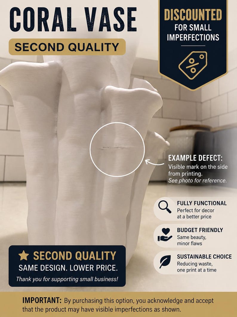 Informational graphic for the coral vase, showing a matte white textured vase beside text labels about second-quality discounts and an example of a small visible surface mark. Bud vase about 7.2 in tall.