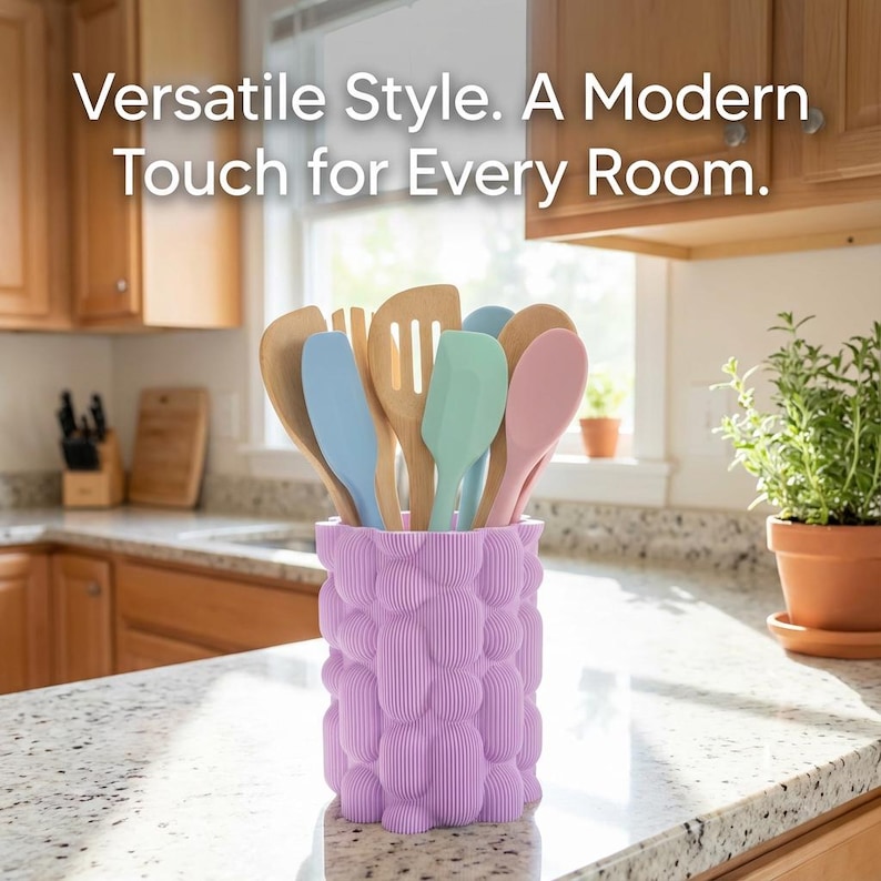 Textured matte lavender unique vase holding wooden and silicone utensils on a kitchen counter, with the text "Versatile Style. A Modern Touch for Every Room."