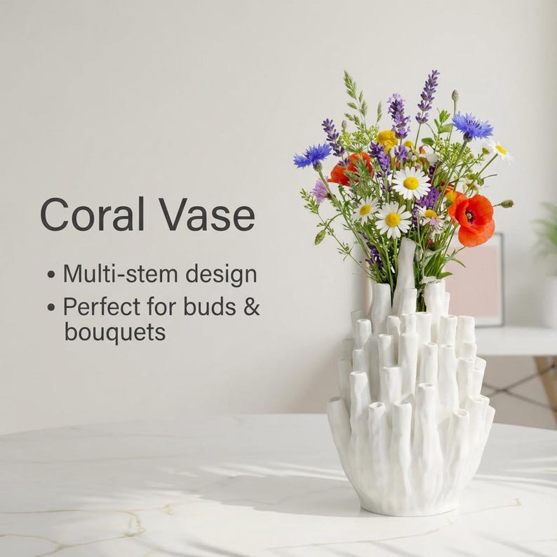 Product graphic reading "Coral Vase" beside a matte white textured vase holding colorful wildflowers, with small caption text below the title.