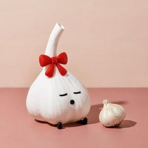 White garlic lamp with a red bow beside a small garlic bulb on a pink background