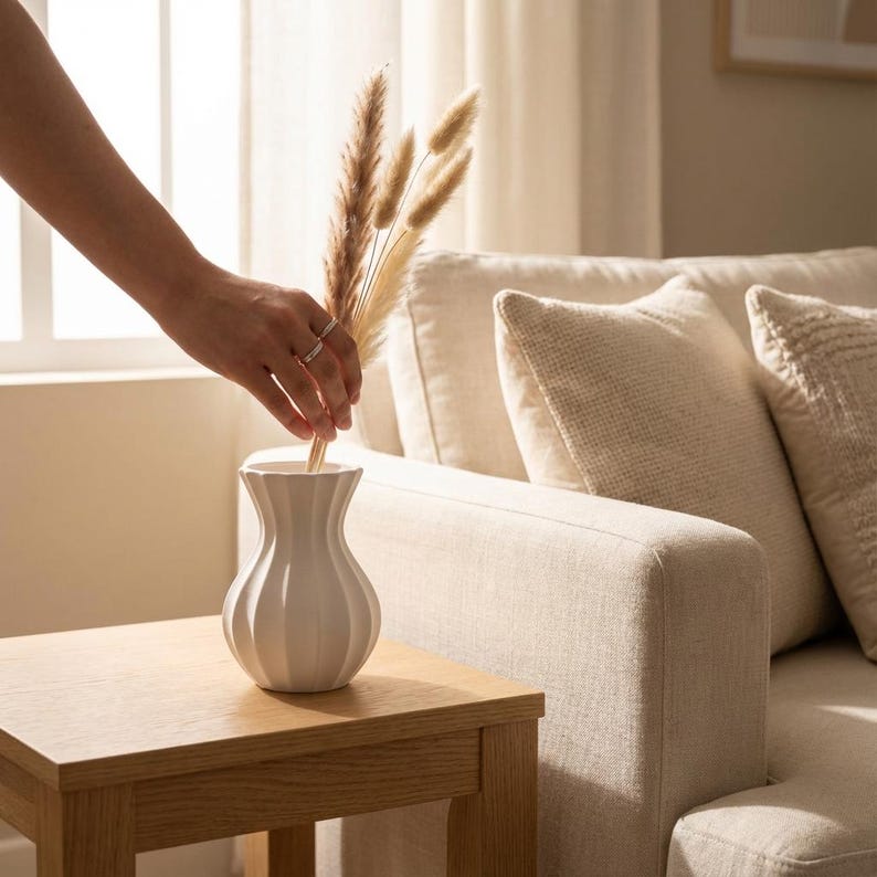 A hand arranges dried pampas grass in a white matte textured fluted minimalist vase on a wooden side table beside a beige sofa with cushions.