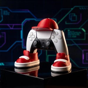 Puede incluir: Un mando de videojuegos blanco y negro con una gorra de béisbol roja y zapatillas rojas. El mando tiene una cara blanca con asas y botones negros. Las zapatillas son rojas con detalles blancos.
