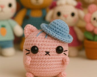 Peut inclure: Une poupée chat rose au crochet portant un chapeau bleu, avec des yeux et des moustaches noirs. D'autres poupées animales au crochet, dont un ours, un lapin et un mouton, sont en arrière-plan. Les poupées sont faites à la main.