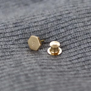 Puede incluir: Un pin de solapa y un respaldo dorados. El pin es hexagonal con la letra "F" grabada. El respaldo es una pequeña pieza redonda dorada con un poste.