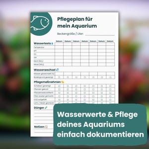 以下が含まれることがあります： ティール色の円形魚アイコンが付いた白い水槽メンテナンス記録シート。この文書には、水質検査、水換え、メンテナンス作業、肥料、メモ用のセクションが含まれており、ドイツ語の見出しとデータ入力用のグリッドが配置されています。