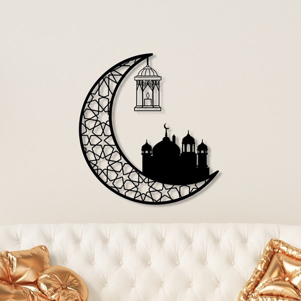 Metal Crescent with Mosque Wall Art, Metal Islamic Candle Holder, Eid Decoration, Crescent Hilal Muslim Decor,Islamic Art, Eid Gift, Large