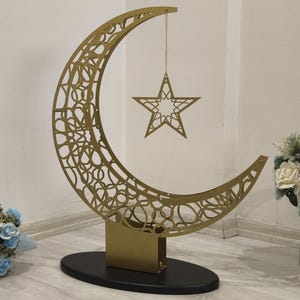 Islamic Crescent Moon And Star Tabletop Decor, Ramadan Kareem Gift,  Gold Metal Eid Mubarak Ornament,Islamic Home Decor Gift,Muslim Crescent