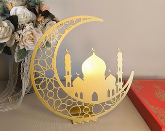 Crescent Moon Metal Islamic Tabletop Decor, Crescent with Mosque Islamic Art, Islamic Home Decor, Ramadan Decoration, Eid Gift, Islamic Gift