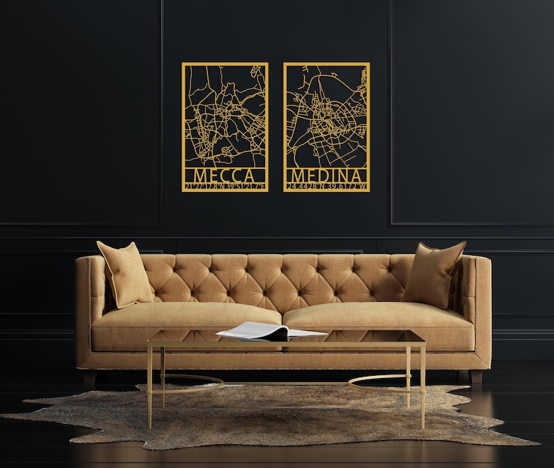 Mecca Medina Map Metal Wall Art Set of 2, Modern Islamic Decor, Kaaba Wall Art, Holy Land for Islam Map Decor, Eid Decor, Masjid Al-Ḥaram image 3