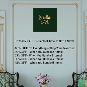 a green wall with a large advertisement for a store called "Breathe Art" offering various discounts and promotions.