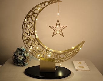 Crescent Moon with Led Light Ramadan Decor, Islamic Tabletop Decor, Ramadan Decoration for Home, Ramadan Kareem, Eid Tree, Eid Mubarak Gift