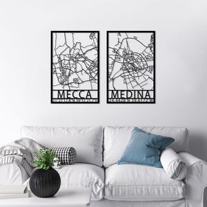 Set di 2 decorazioni murali in metallo con mappa della Mecca e Medina, decorazioni islamiche moderne, decorazioni murali con la Kaaba, decorazioni per la mappa della Terra Santa per l'Islam, decorazioni per l'Eid, Masjid Al-Ḥaram