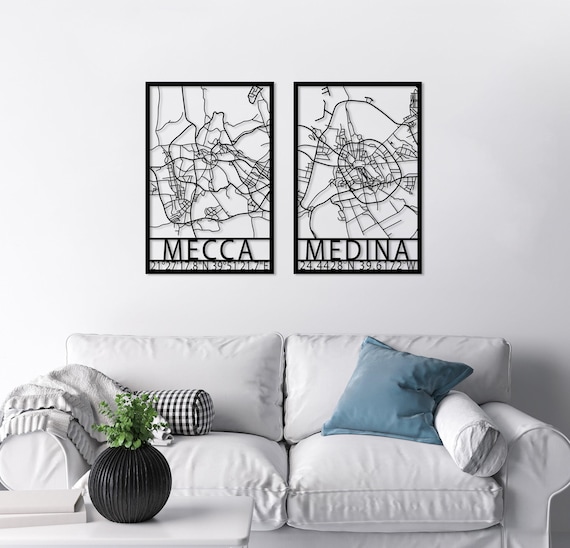 Mecca Medina Map Metal Wall Art Set of 2, Modern Islamic Decor, Kaaba Wall Art, Holy Land for Islam Map Decor, Eid Decor, Masjid Al-Ḥaram