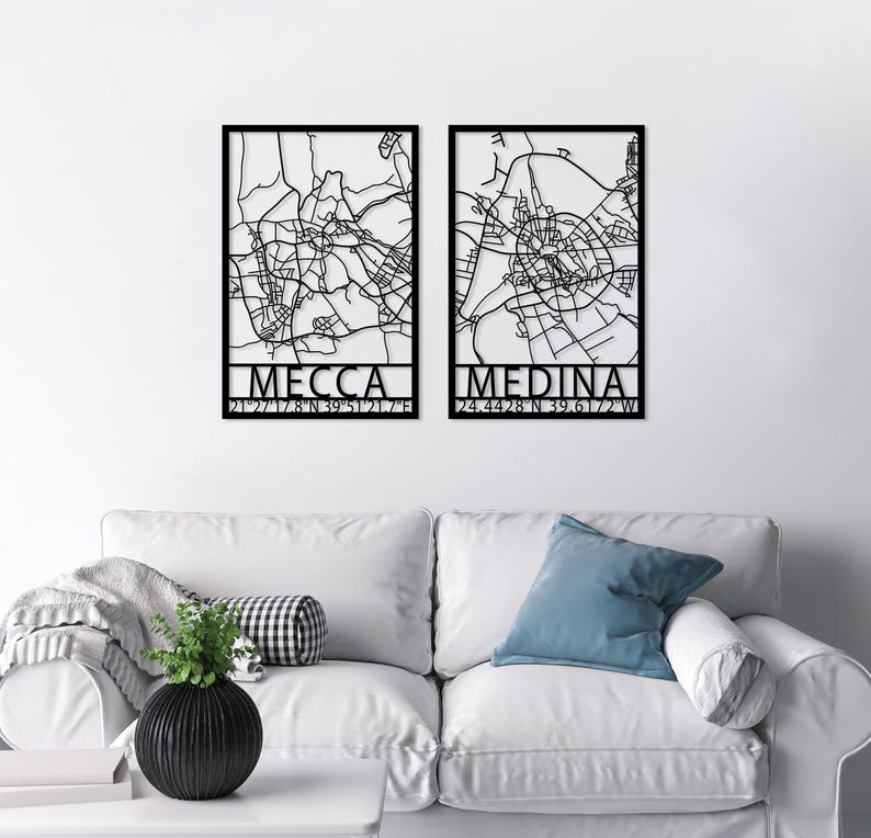 Mecca Medina Map Metal Wall Art Set of 2, Modern Islamic Decor, Kaaba Wall Art, Holy Land for Islam Map Decor, Eid Decor, Masjid Al-Ḥaram image 1