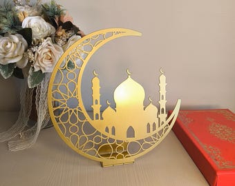 Crescent Moon Metal Islamic Tabletop Decor, Crescent with Mosque Islamic Art, Islamic Home Decor, Ramadan Decoration, Eid Gift, Islamic Gift