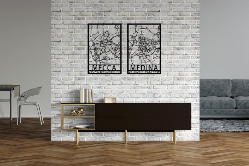 Mecca Medina Map Metal Wall Art Set of 2, Modern Islamic Decor, Kaaba Wall Art, Holy Land for Islam Map Decor, Eid Decor, Masjid Al-Ḥaram image 7
