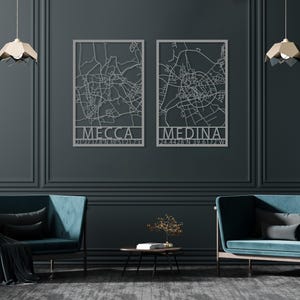 Mecca Medina Map Metal Wall Art Set of 2, Modern Islamic Decor, Kaaba Wall Art, Holy Land for Islam Map Decor, Eid Decor, Masjid Al-Ḥaram image 6