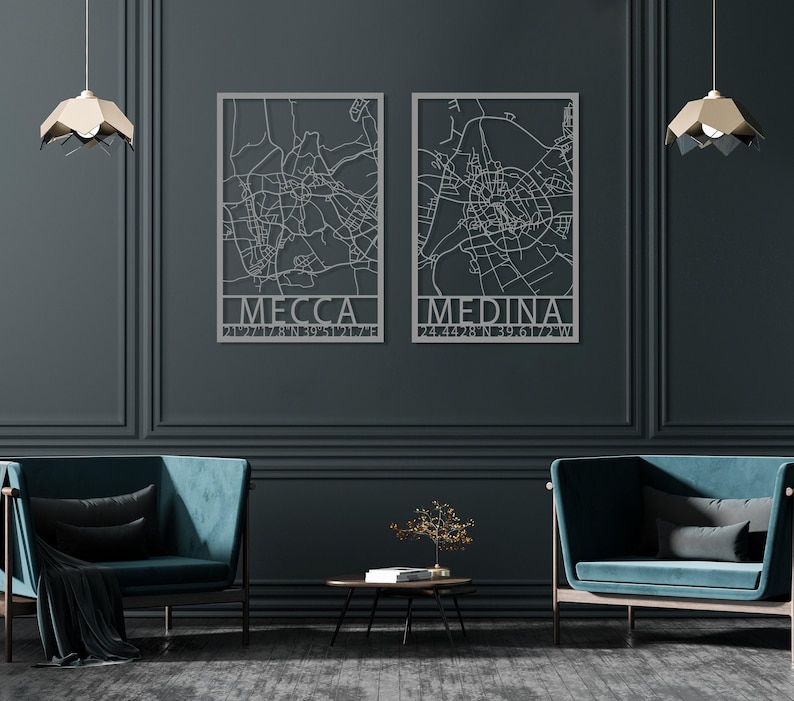 Mecca Medina Map Metal Wall Art Set of 2, Modern Islamic Decor, Kaaba Wall Art, Holy Land for Islam Map Decor, Eid Decor, Masjid Al-Ḥaram image 6