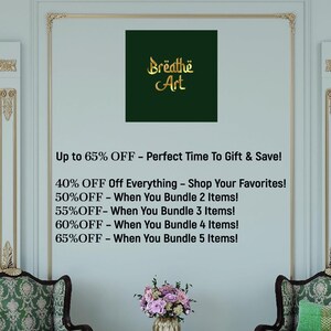 a green wall with a large advertisement for a store called "Breathe Art" offering various discounts and promotions.