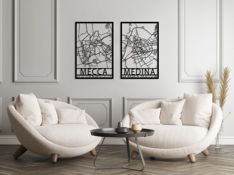 Mecca Medina Map Metal Wall Art Set of 2, Modern Islamic Decor, Kaaba Wall Art, Holy Land for Islam Map Decor, Eid Decor, Masjid Al-Ḥaram image 5