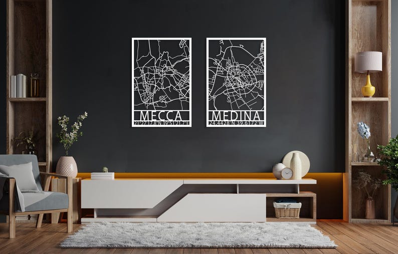 Mecca Medina Map Metal Wall Art Set of 2, Modern Islamic Decor, Kaaba Wall Art, Holy Land for Islam Map Decor, Eid Decor, Masjid Al-Ḥaram image 8