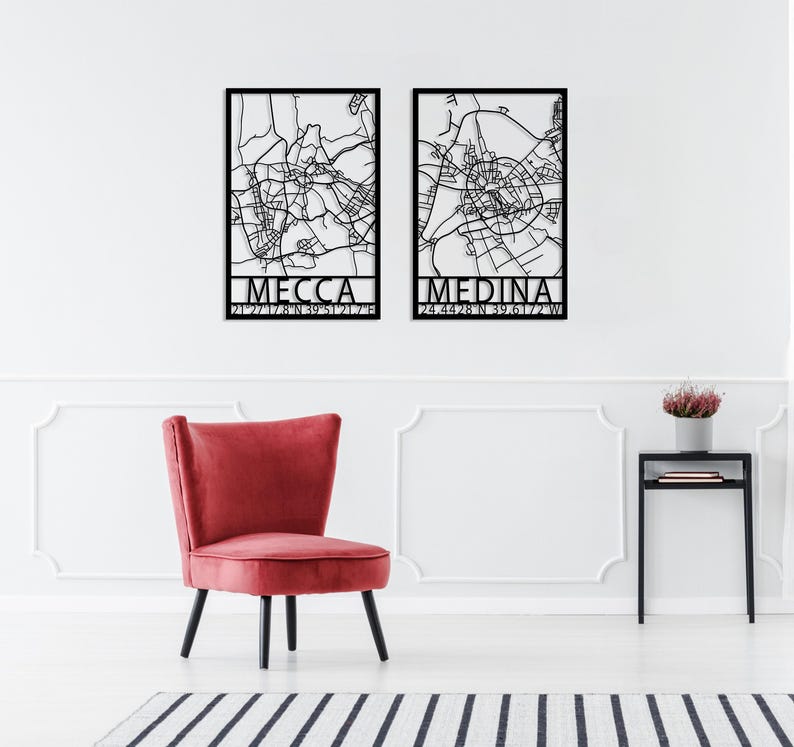Mecca Medina Map Metal Wall Art Set of 2, Modern Islamic Decor, Kaaba Wall Art, Holy Land for Islam Map Decor, Eid Decor, Masjid Al-Ḥaram image 2
