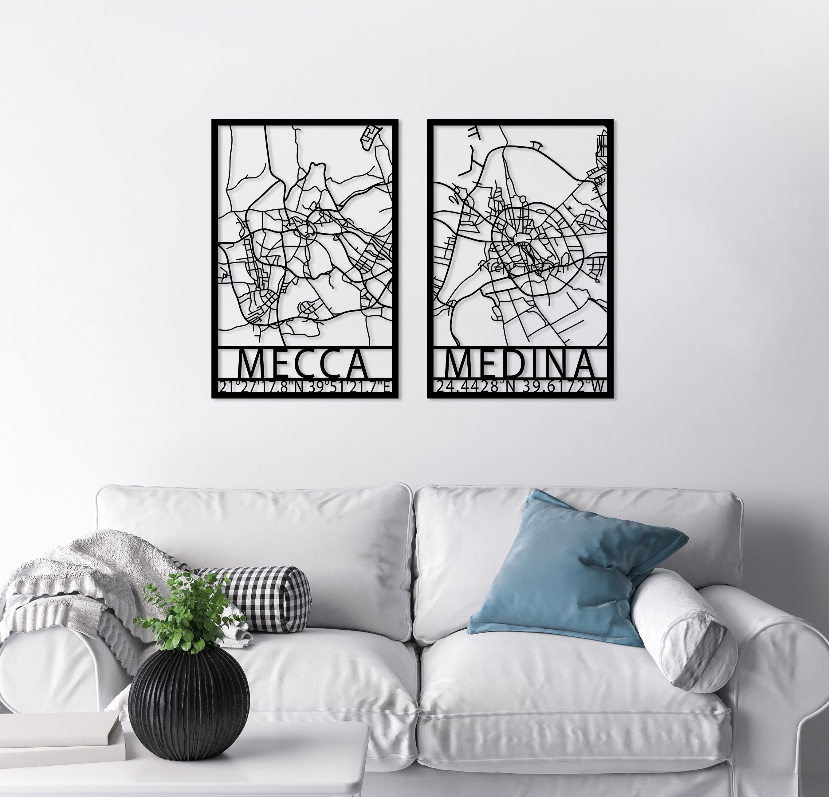 Mecca Medina Map Metal Wall Art Set of 2, Modern Islamic Decor, Kaaba Wall Art, Holy Land for Islam Map Decor, Eid Decor, Masjid Al-Ḥaram