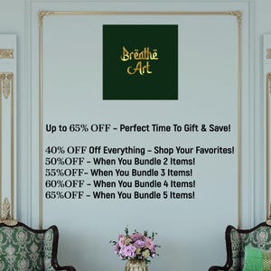 a green wall with a large advertisement for a store called "Breathe Art" offering various discounts and promotions.