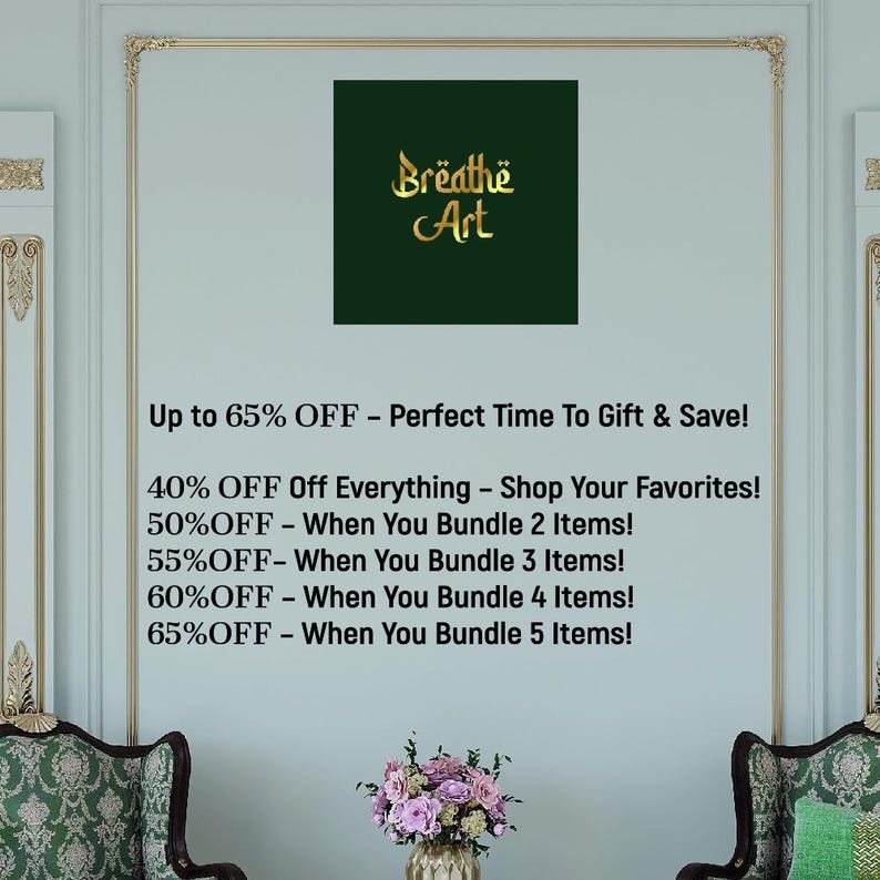a green wall with a large advertisement for a store called "Breathe Art" offering various discounts and promotions.