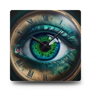 May include: A square clock with a vintage design featuring a large eye with a green and blue iris. The clock face is a circular, antique-looking pocket watch with Roman numerals.