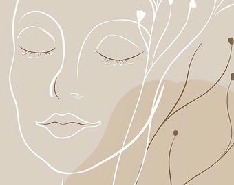 Minimalist Line Art Print | Female Portrait | Neutral Beige Wall Art | Digital Download