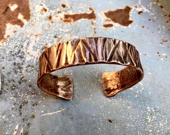 Handcrafted pure copper bracelet, strong hammering, small width