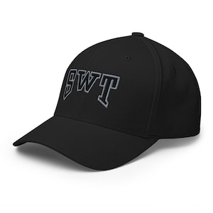 May include: Black baseball cap with the embroidered letters "SWT" in a stylized font. The letters are outlined in gray. The cap has a curved brim and a structured fit.