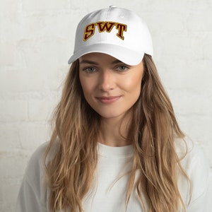 May include: White baseball cap with a maroon and gold embroidered "SWT" logo.