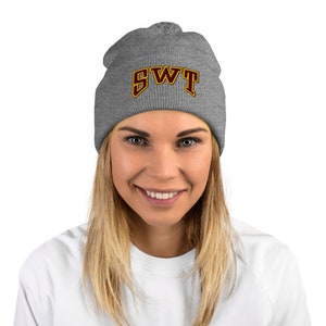 May include: Gray knit beanie with a maroon and yellow embroidered "SWT" logo.