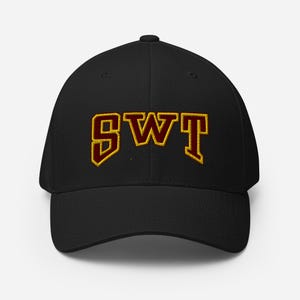 May include: Black baseball cap with a gold embroidered "SWT" in maroon.
