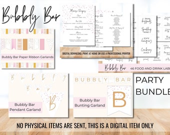 May include: A printable party bundle for a bubbly bar with pink and gold accents. The bundle includes a banner, garland, labels, and a sign that says "Bubbly Bar Party Bundle".