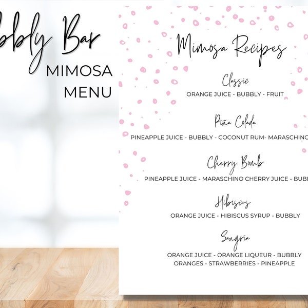 Mimosa Menu Printable, Bubbly Bar, Mimosa Bar, Printable Party, Party Decorations,  Instant Download, Printable PDF