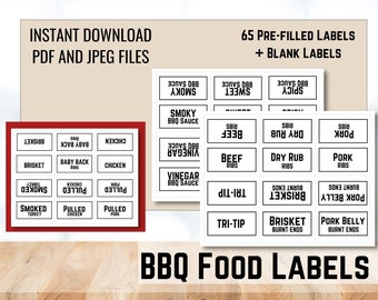 May include: A collection of BBQ food labels in black and white, with text such as "Brisket", "Baby Back Ribs", and "Pulled Pork". The labels are pre-filled and blank, with the words "Instant Download PDF and JPEG Files" at the top.