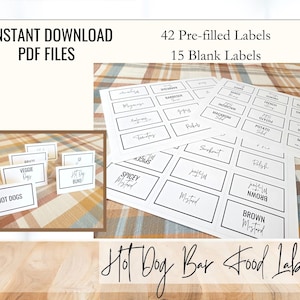 Hot Dog Bar Food Labels, Fireside Party Food Labels, Buffet Labels, Hot Dog Sign for Bonfire Party, Instant Download, Printable PDF and JPEG