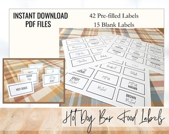 May include: Printable PDF file with 42 pre-filled and 15 blank food labels for a hot dog bar. The labels are white with black text and borders. The labels include names like "Hot Dogs", "Veggie Dogs", "Buns", "Spicy Mustard", "Brown Mustard", "Potato Salad", "Macaroni and Cheese", "Sweet Potato", "Relish", and "Surfinit".
