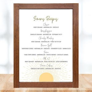 May include: A printable poster with a list of s'mores recipes, including "Classic", "Grasshopper", "Chunky Monkey", "Banana Split", "S'more Cookies", and "PB & J". The poster has a yellow sun with rays of light in the background.
