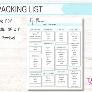 Packing List Trip Planner Vacation Organizer Planner Printable PDF Worksheets Organization Digital Download Reference