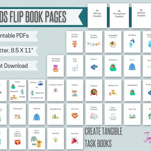 Könnte beinhalten: Ein Satz von 38 druckbaren PDF-Seiten zum Erstellen eines Kinder-Klappbuchs. Die Seiten zeigen farbenfrohe Illustrationen und Text für verschiedene tägliche Aufgaben, wie z. B. Anziehen, Zähneputzen und Aufräumen von Spielzeug. Der Text enthält "Kids Flip Book Pages", "38 Printable PDFs", "US Letter, 8.5 X 11", "Instant Download", und "Create Tangible Task Books".