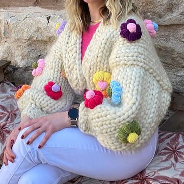 hand knitted floral cardigan, chunky knit sweater, 3D knit sweater, balloon sleeve cardigan, balloon jacket, cardigan floral sweater3d triko