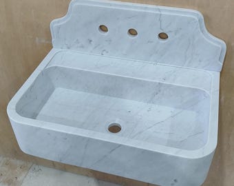 Lavabo flotante de mármol de Carrara con protector contra salpicaduras de 8''