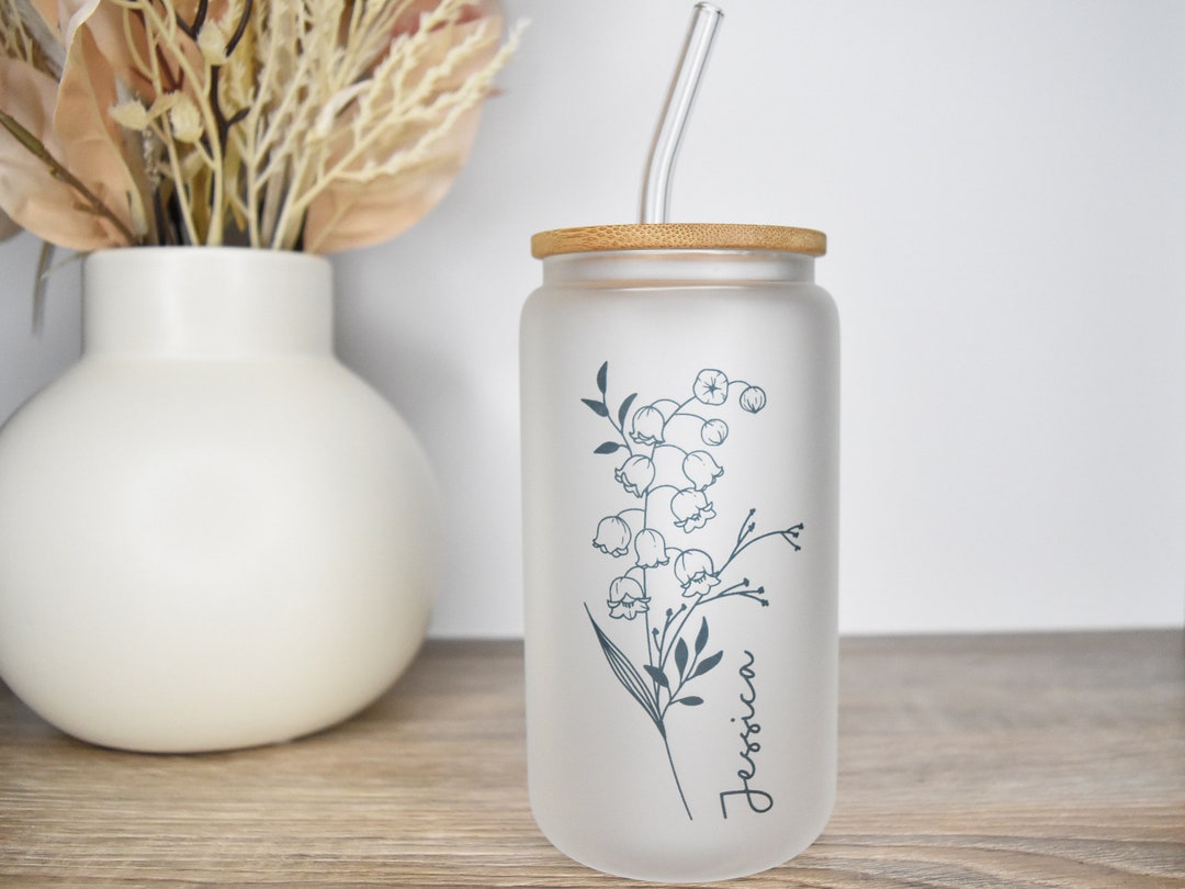 Personalized Birth Flower Tumbler Glass Ice Coffee Cup Ice Etsy