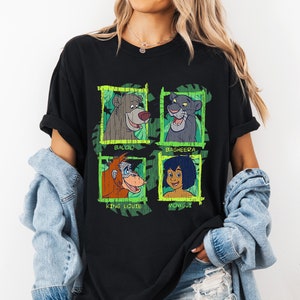Camicia poster con scatola dei nomi dei personaggi del libro della giungla Disney, Mowgli, Baloo, Re Luigi, camicia Bagheera, Regno Magico, camicia per famiglie con viaggio a Disneyland