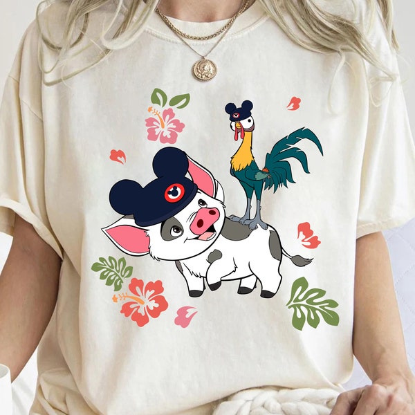 Disney Moana 70s Style Floral Pua Hei Hei With Mickey Hat Shirt, Cute Moana Shirt, Disneyland Trip Family Matching Outfits, Magic Kingdom